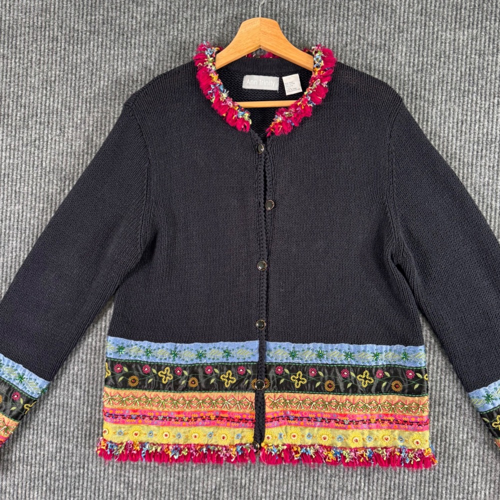 Ann Trinity Womens L Black Cardigan Sweater‎ Boho Embroidered Fringe Whimsigoth